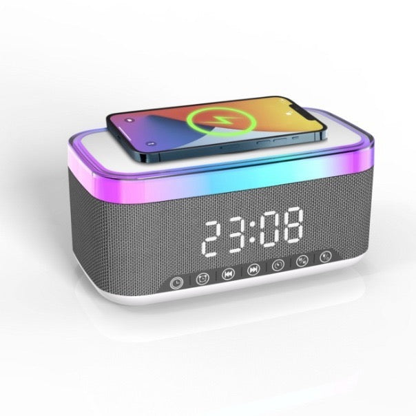 Bluetooth Speaker with Wireless Charger Digital Clock Alarm and LED Light