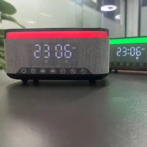 Bluetooth Speaker with Wireless Charger Digital Clock Alarm and LED Light
