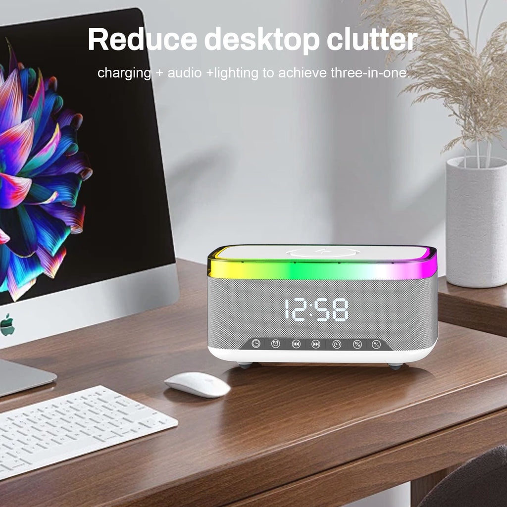 Bluetooth Speaker with Wireless Charger Digital Clock Alarm and LED Light