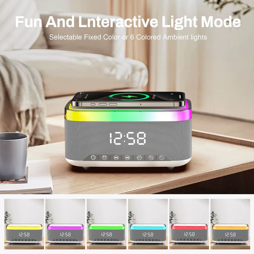 Bluetooth Speaker with Wireless Charger Digital Clock Alarm and LED Light