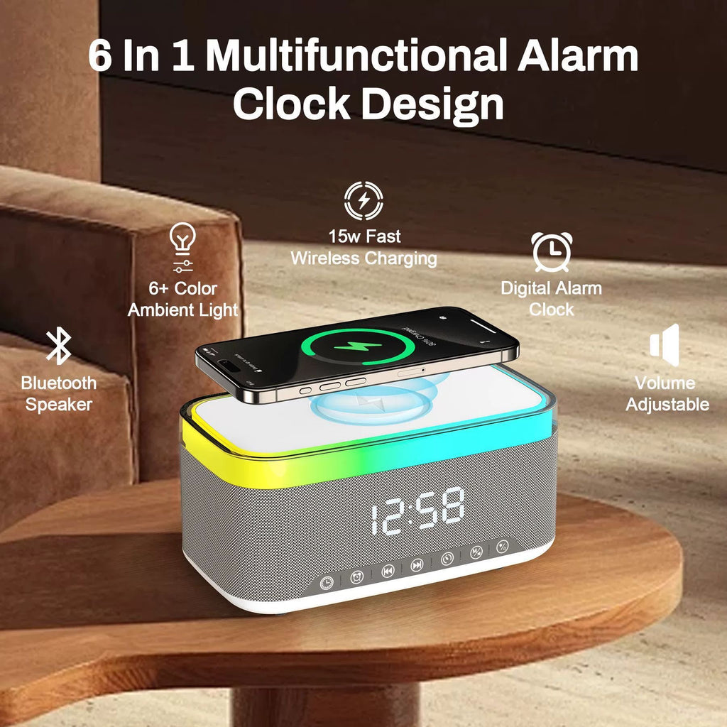 Bluetooth Speaker with Wireless Charger Digital Clock Alarm and LED Light