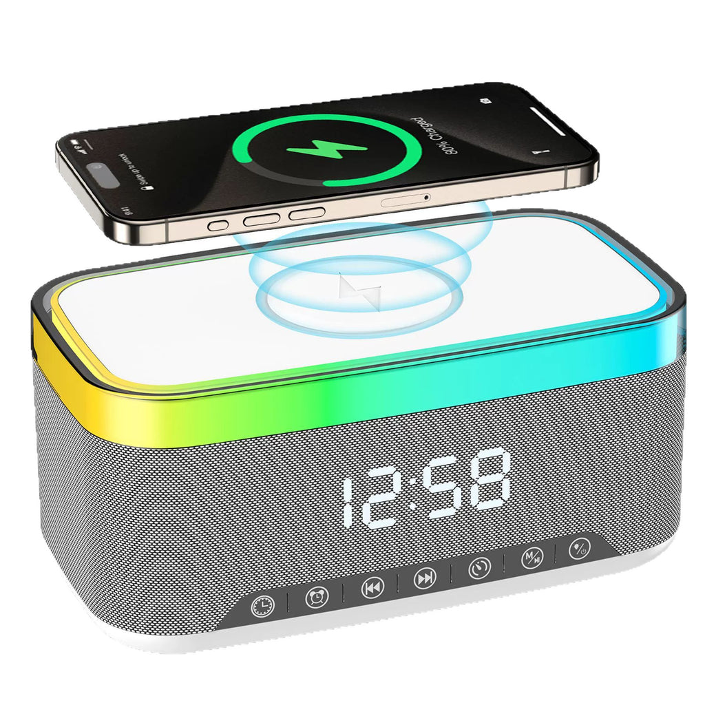 Bluetooth Speaker with Wireless Charger Digital Clock Alarm and LED Light